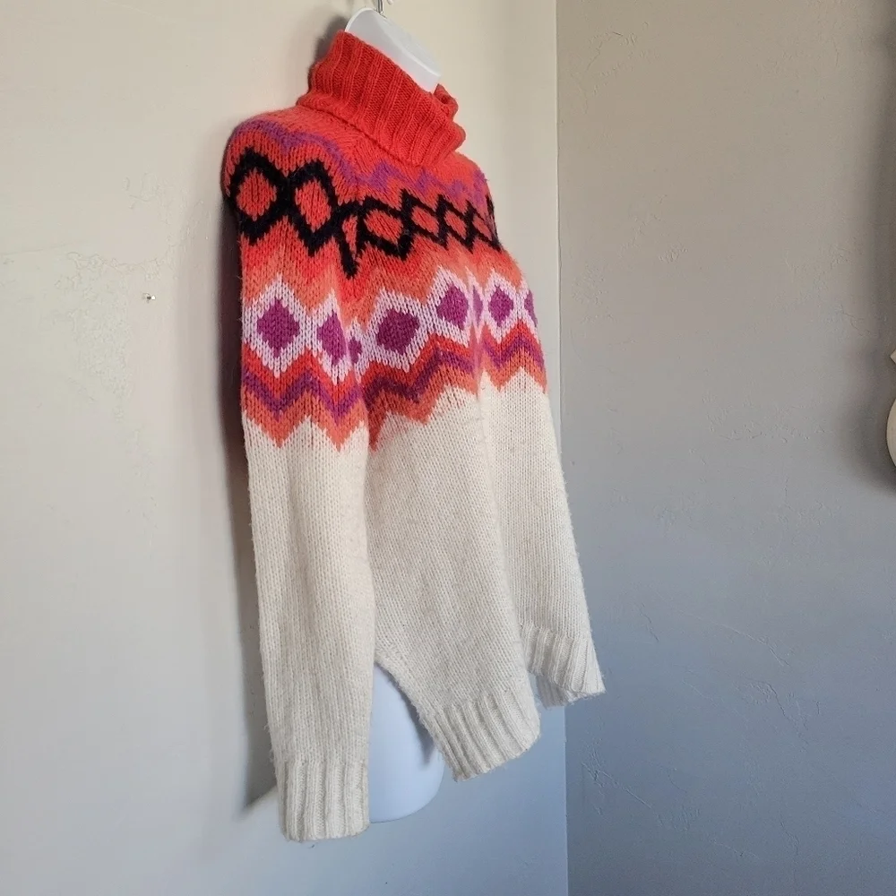 Aerie Fair Isle Turtleneck Sweater Long Sleeve 25% Wool XS Red White Colorful
